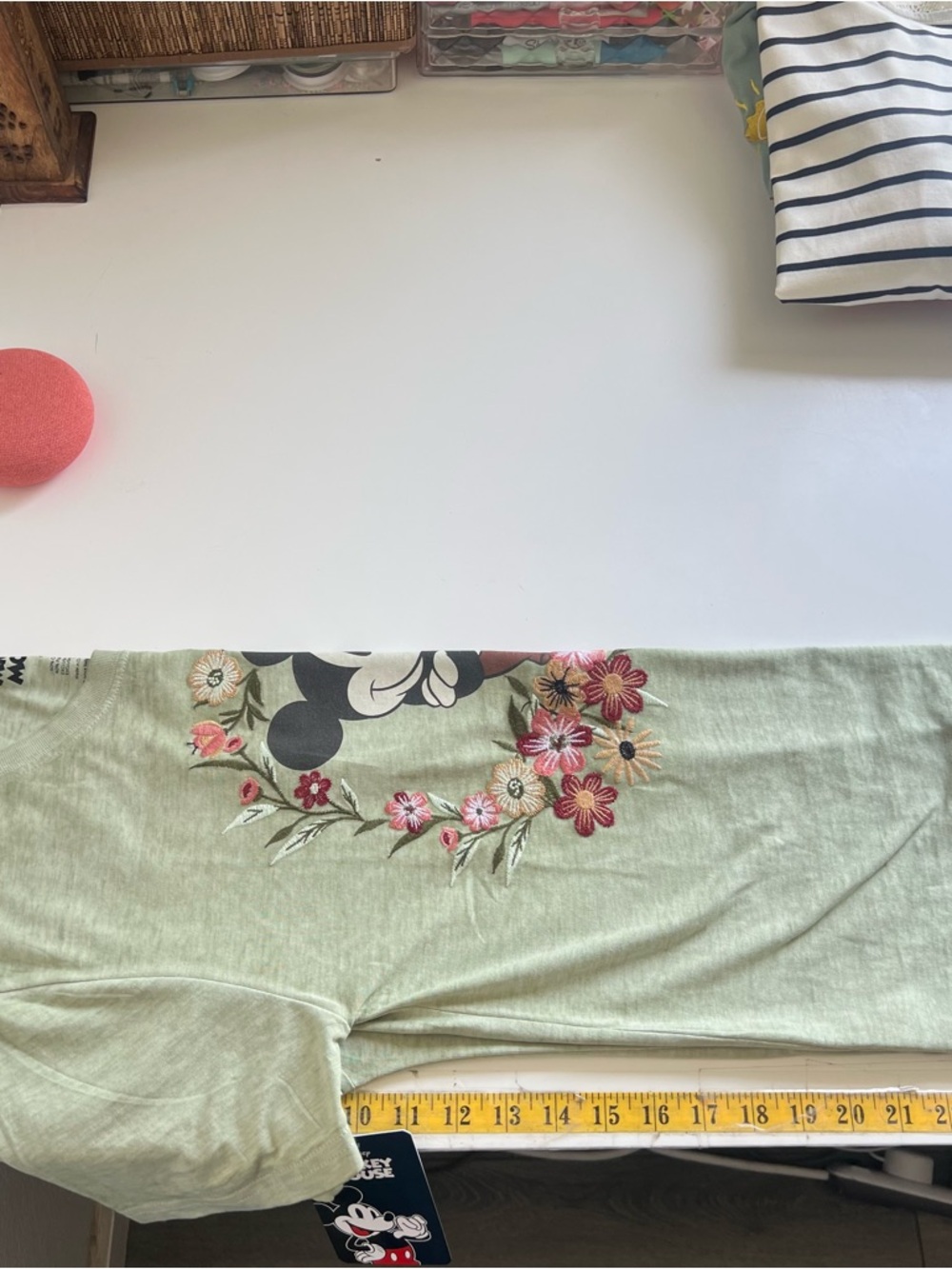 Disney Mickey Mouse Logo Flower Embroidered Tee Sage Green Size S NWT - Picture 10 of 12